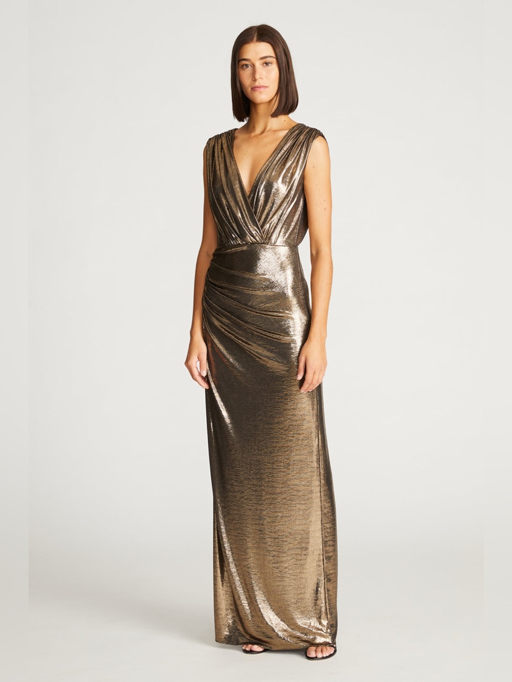Halston Misha Metallic Gold Draped V-Neck Maxi Gown
